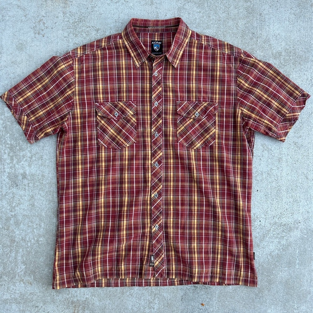 KUHL Shirt XL Red Yellow Plaid Suncel Short Sleeve Button Down Gorpcore Outdoor